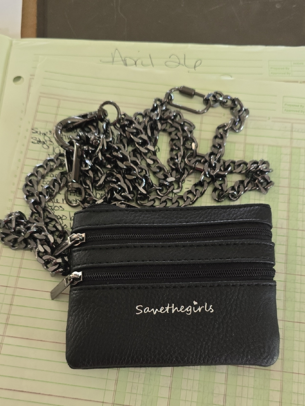 Save the Girls Black Leather Mini Wallet with Gunmetal Chain